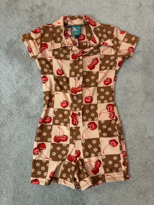 Brown, Cream & Red Cherry Print Romper Brown Size XS thumbnail 1