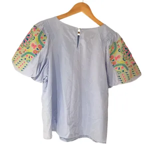 Jodifl‎ Womens Light Blue Embroidered Puff Sleeve Pintuck Blouse H21115 Size M thumbnail 5