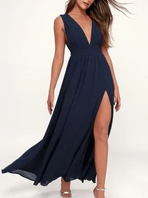 Lulus Dress Heavenly Hues Elegant Navy Blue Sleeveless Maxi Slit Size Small thumbnail 1