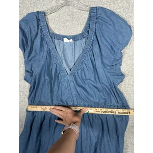 GAP Large Womens Dress Puff Sleeve Denim Midi‎ V-Neck 100% Cotton Medium Wash thumbnail 10