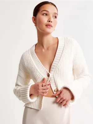 Abercrombie & Fitch Cable Knit Button Up Cardigan in Cream thumbnail 1