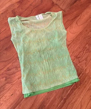 Y2K Vintage CITY DKNY Green Mesh Patterned Double Layered Baby Tee Size Small thumbnail 1