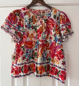 Farm Rio Floral Pom Pom Trim Swiss Dot Babydoll Blouse‎ Multi Color Womens Large thumbnail 1