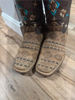 Vintage Handmade In Mexico Western Aztec Square Toe Leather Cowboy Boots | Sz 8 thumbnail 2
