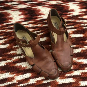 VTG Brown Leather woven Fisherman Pilgrim Sandals Maryjane loafers flats shoes #peasant #cottagecore #western #boho, #indie vintage Size 9 thumbnail 2