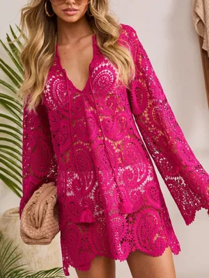 Vici Fuchsia Paisley Lace Crochet Long Sleeve Swim Cover-Up Mini Dress Front Tie thumbnail 1