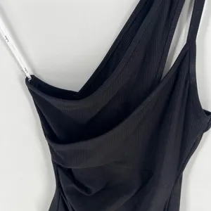 Lulus Womens Size M Black Ribbed One-Shoulder Tulip Hem Faux Wrap Dress‎ M thumbnail 5