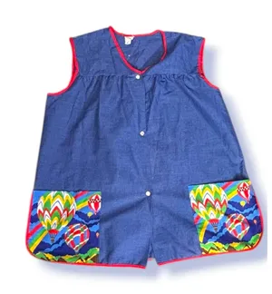 Vintage 70s Hot Air Balloon Smock Vest Blue Chambray Rainbow‎ Snap Front Top thumbnail 1