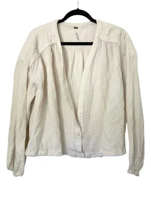 Free People Textured Cotton Long Sleeve Button Blouse Womens Medium Cream thumbnail 1