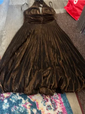 Cache Women’s Halter Metallic Brown Pleated Dress thumbnail 2