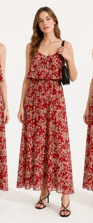 TTI Floral Off Shoulder Chiffon Red Maxi Dress Size Small thumbnail 1