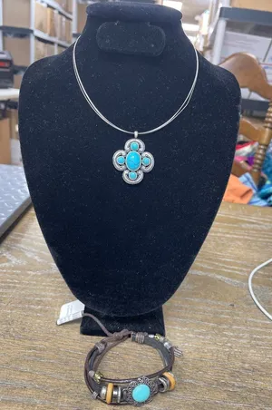 NY Turquoise stone Silver Necklace and turquoise stone leather Bracelet SKU 9687 thumbnail 1