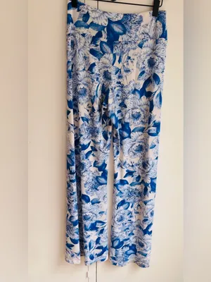 Veronica M Blue White Floral High Rise Flare Pants Bell Bottom Yoga Stretch thumbnail 8