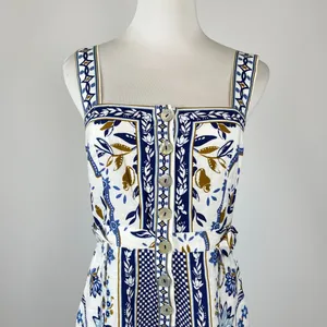 NWOT Farm Rio Linen Blend Floral Print Romper Blue Size S thumbnail 4
