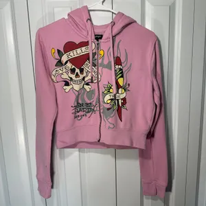 Ed Hardy Hoodie Womens Large Pink Love Kills Tiger Full Zip Cropped Sweatshirt thumbnail 2