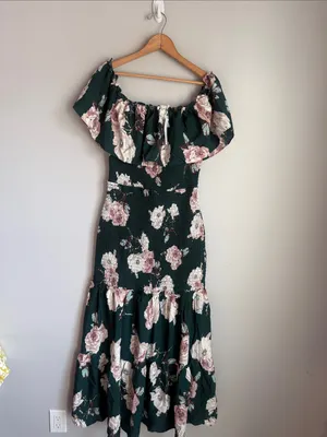 NEW Baltic Born Amalfi Smocked Maxi Dress.Dark green/ pink floral Large thumbnail 2