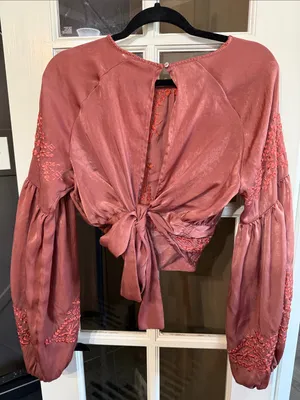 FREE PEOPLE Midnight Hour Embroidered Puff Sleeve Tie-Back Top Dusty Rose M BOHO thumbnail 5