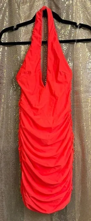 Tiger‎ Mist Neon Coral Amazon Plunging Ruched Halter Dress Small NWT Flawed thumbnail 1