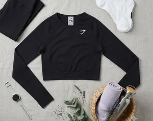 Gymshark Vital Seamless 2.0 Long Sleeve Crop‎ Top Black Small B1A3D thumbnail 1