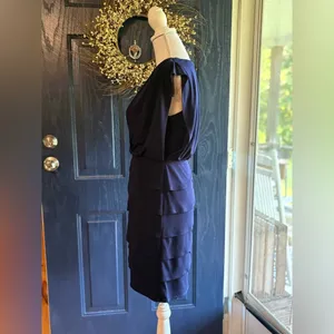 $125 LAUNDRY BY SHELLI SEGAL Navy Blue Tulip Tiered Sleeveless Cocktail Dress 4 thumbnail 4