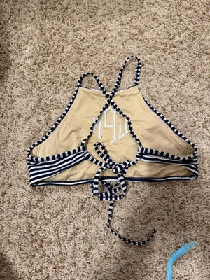 Striped High-Neck Bikini Top in Navy and White thumbnail 2