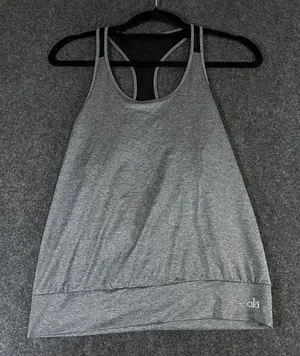Alo Yoga Womens Gray Heathered Open Draped Mesh Back Racerback Tank‎ Top thumbnail 1