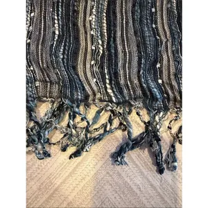 Blue White Metallic Sheer Striped Scarf Lightweight Woven Fringe Wrap thumbnail 2