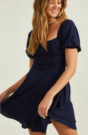 Altar'd State Navy Satin Puff Sleeve Dress thumbnail 1