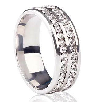 TJ Maxx 8mm Double Row Rhinestone Stainless Steel Unisex Ring Weddig Band Jewelry Size 8 thumbnail 1