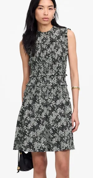 Madewell Women's Black White Floral Sleeveless Ruffle Neck Mini Dress Size 8 NWT thumbnail 1
