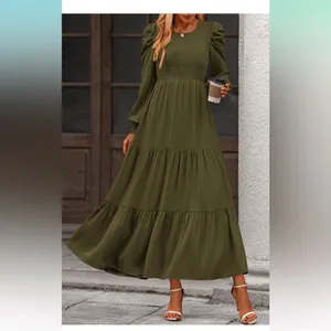 Kirundo smocked olive green long sleeve maxi dress thumbnail 2