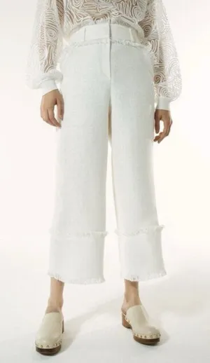Uterqüe Women Off White Wide Leg Crop Pants Textured Raw Hem Fringe High Waist S thumbnail 1