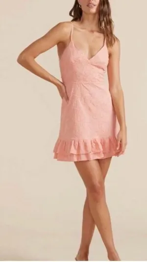 MINKPINK Pink Embroidered Mini Dress Women’s S/M Spaghetti Straps Ruffle Hem thumbnail 1