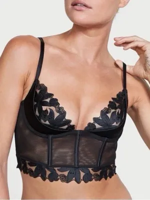 🌺Victoria'S Secret Black Floral Mesh Cropped Corset Top Size 32d🌺 thumbnail 1