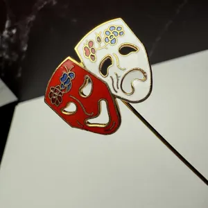 Comedy Tragedy Drama Mask Lapel Stick Pin Gold Tone Enamel White Red thumbnail 6