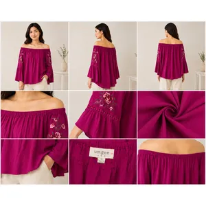 Umgee Magenta Off the Shoulder Embroidered Bell Sleeve Boho‎ Blouse XL Purple thumbnail 6