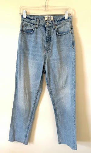 Free People We The Free Raw Ultra High Rise Hem Button Fly Jeans Light Blue 27 thumbnail 1