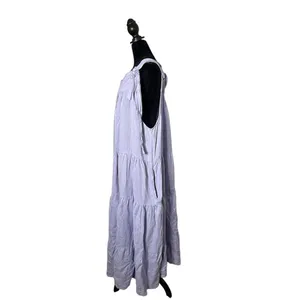 Womens Tiered Tie Should BOHO Pinafore Maxi Dress OS Lavender 100% Linen thumbnail 2