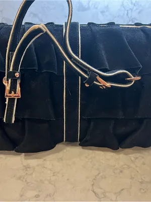 Black Ruffle Suede Satchel with Gold Accent thumbnail 10