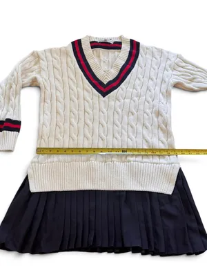 English Factory Cream Cable Knit V-Neck Sweater with Navy and Red Trim thumbnail 5