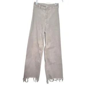Zara Marine Straight Jean Hi-Rise Wide-Leg Frayed Hem Light Beige Size 0 thumbnail 2