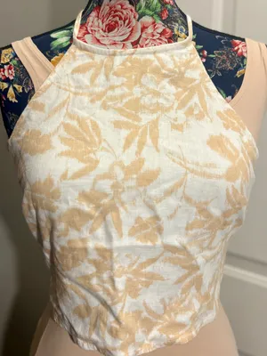 Abercrombie & Fitch Linen Blend Halter Crop Top Small Tan White Tropical Floral thumbnail 1