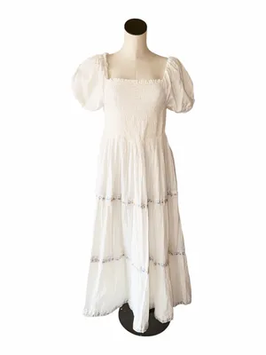 NWT Rachel Zoe White Puff-Sleeve Smocked Maxi Dress Floral Trim Cotton 10 thumbnail 2