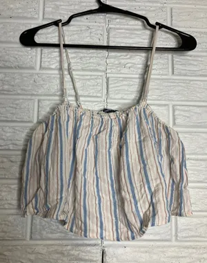 American Eagle Cami Crop Top Womens S Blue Tan‎ Excellent Striped Smocked Back thumbnail 1