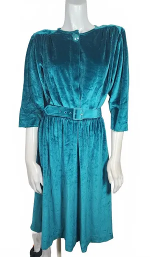 Vintage 80's Blair Emerald Green Velvet Dress with Belt Size 12 thumbnail 1
