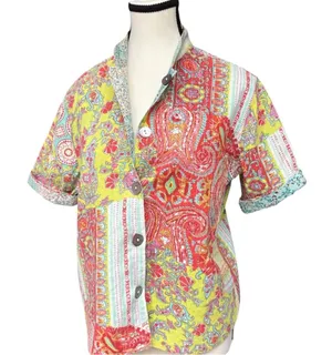 Handmade Reversible Paisley Boho Patchwork Button Top Short Sleeve Medium Fit Red thumbnail 1