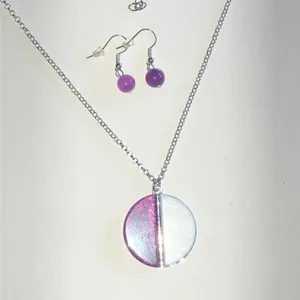 Silver Tone Purple & White Half-Moon Pendant Necklace and Earring Set thumbnail 3