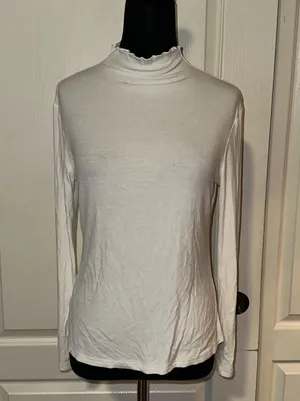 White Ribbed Lettuce Trim Mock Neck Long Sleeve thumbnail 1