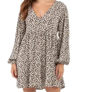 Billabong Daisy Floral Print Gauze peasant poof Sleeve 90s style Babydoll Dress thumbnail 2