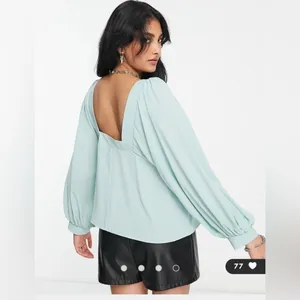 ASOS DESIGN Square Neck Top With Blouson Sleeve in Sage thumbnail 2